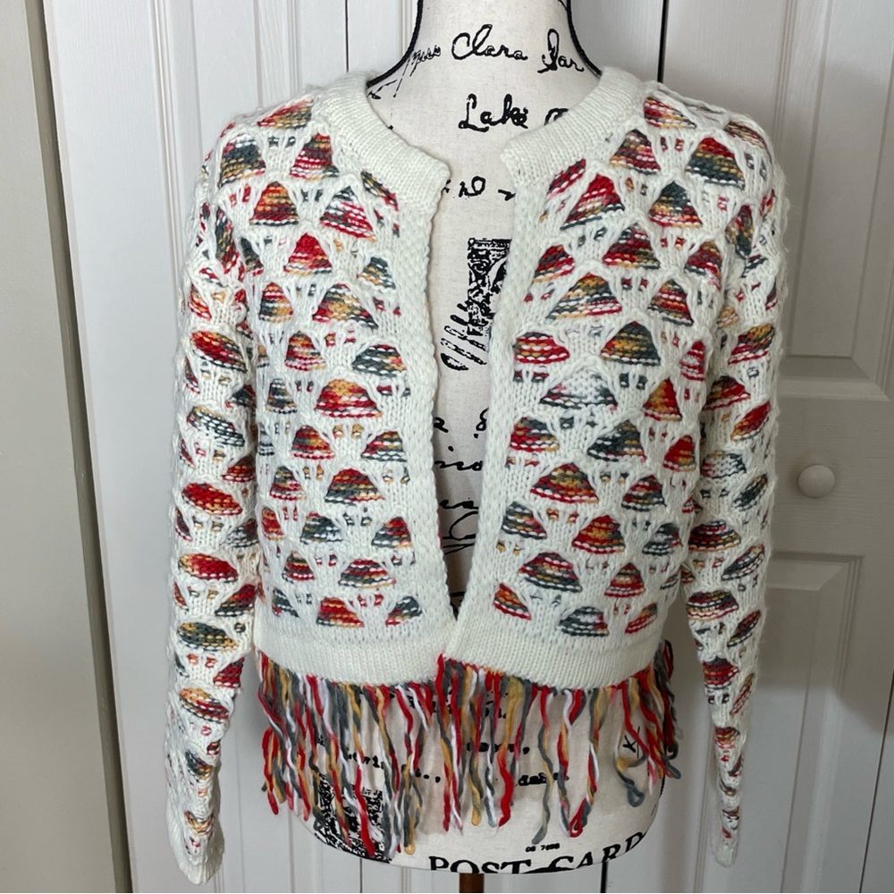 Strut & Bolt Size Medium Cropped Cardigan Sweater Multicolor Boho Fringe NWT